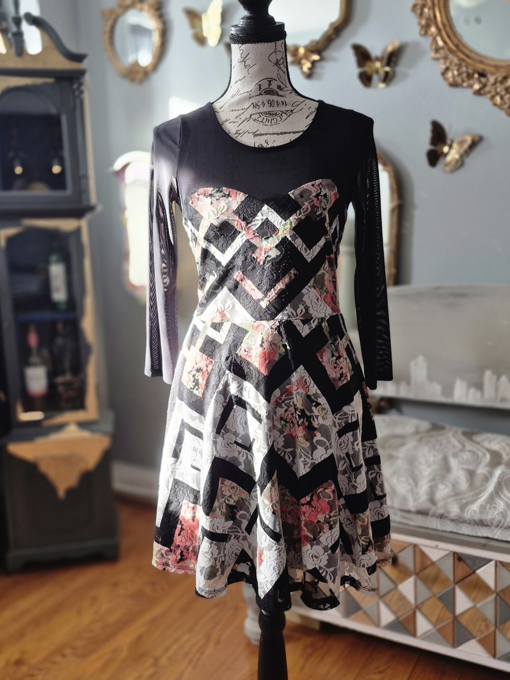 Material Girl Black Long Sleeve Fit-and-Flare Dress with Pink Floral Accents